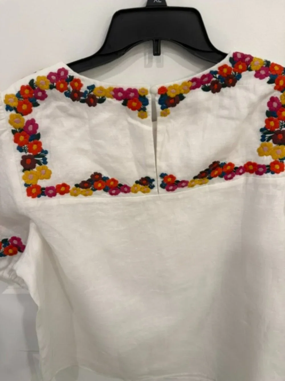 Boden White Multi-Color Floral Embroidered Puff Sleeve Linen Blouse